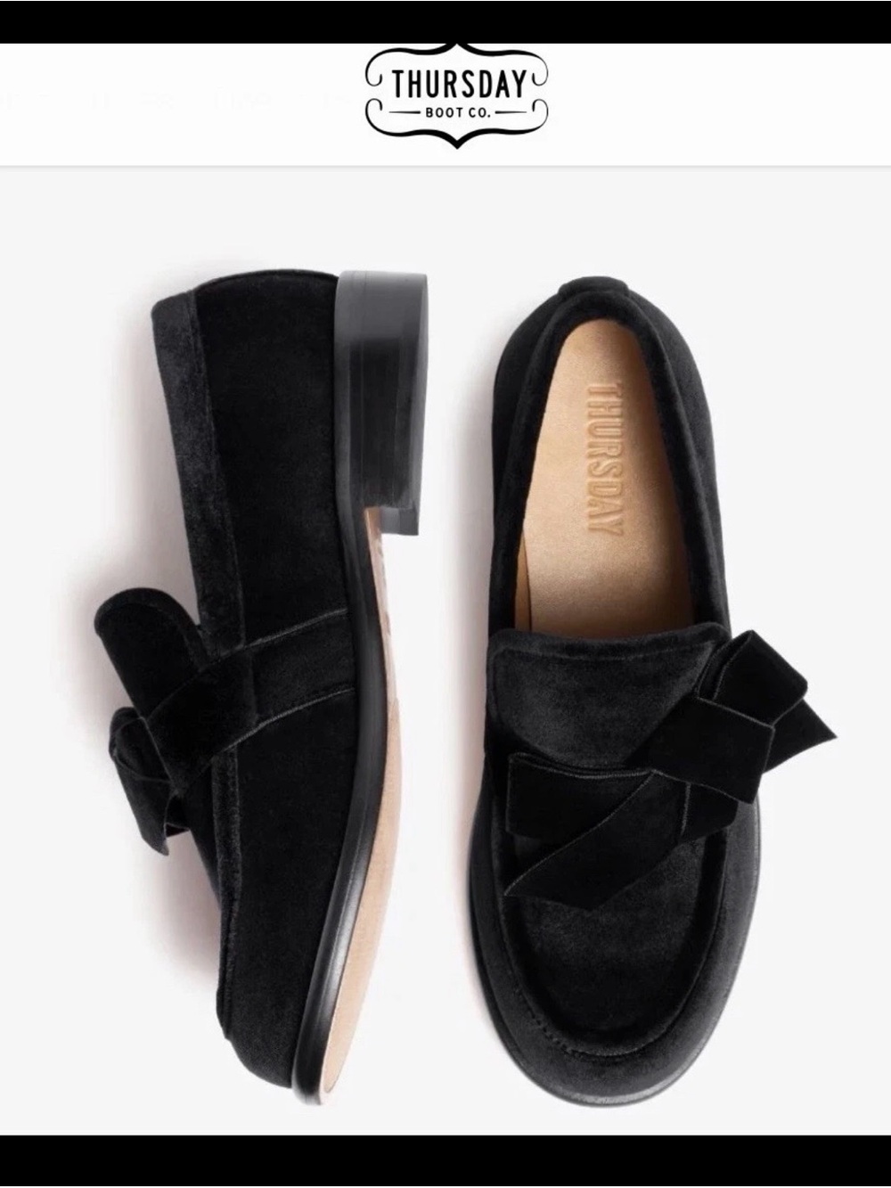 Thursday Boot Company Black Velvet Bow Loafers